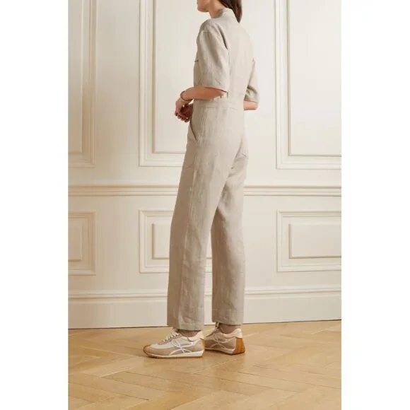Rivet Utility Womens Dynamo Linen Jumpsuit Mid Weight Short Sleeve Ecru Small
